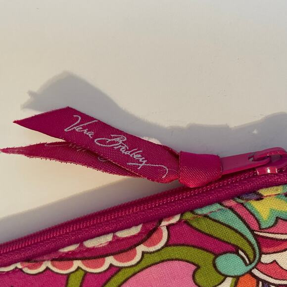 Vera Bradley Pink Swirl Paisley Floral Cotton Mini Zip ID Wallet Silver Key Ring - Picture 8 of 11